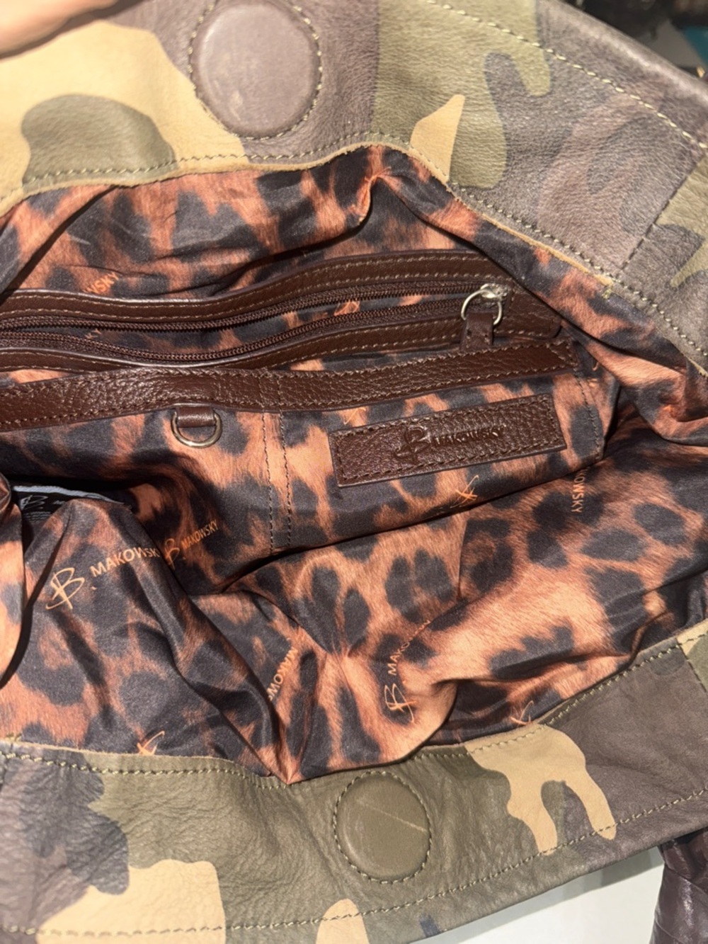 B Makowsky Brown Beige Camo Leather Purse Satchel Kimberly Large Shoulder Bag - Picture 8 of 10